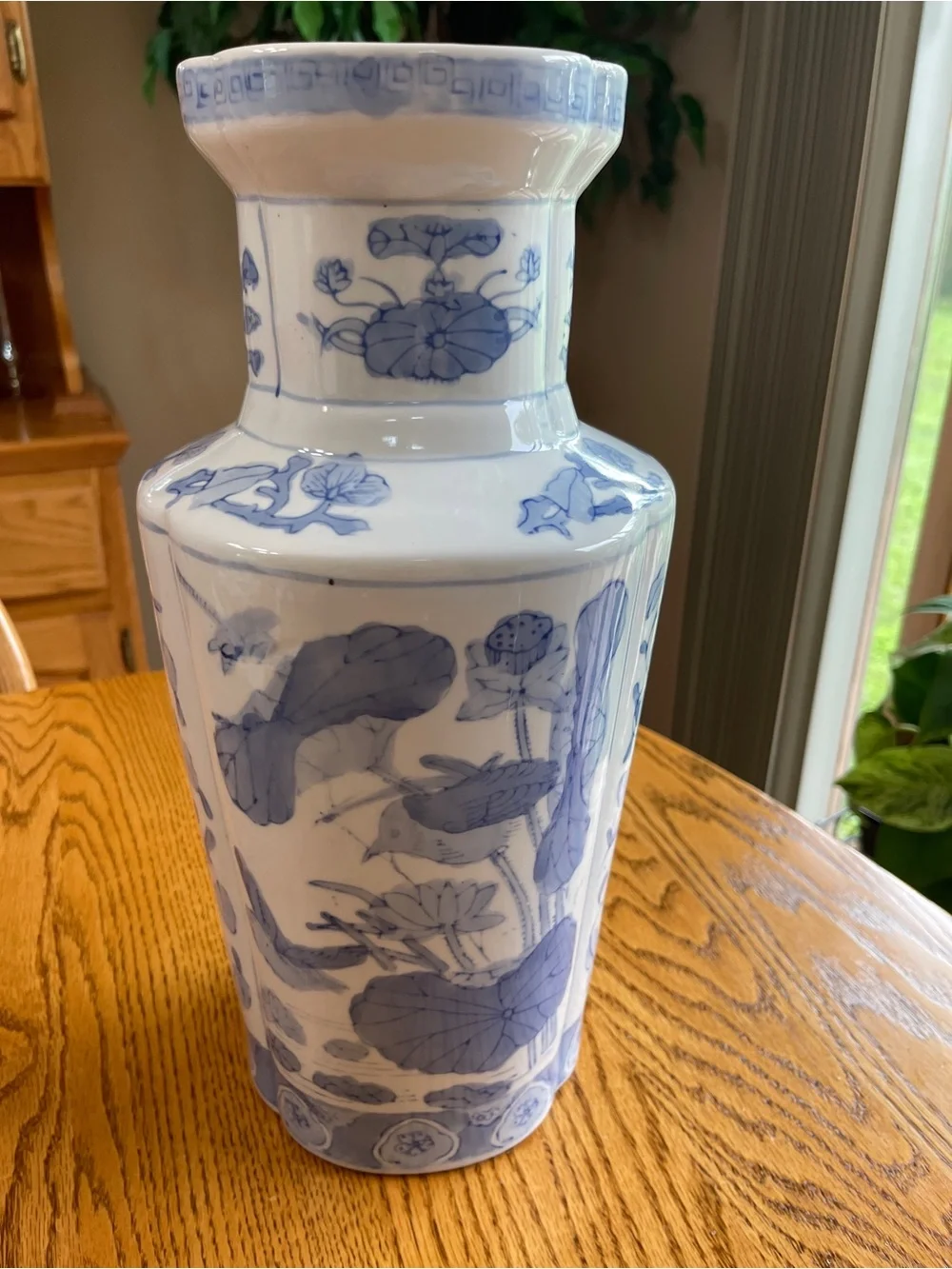 Vintage Mid-Century Asian Inspired 14” Vase 4 Lobed Sides Birds Lotus Floral